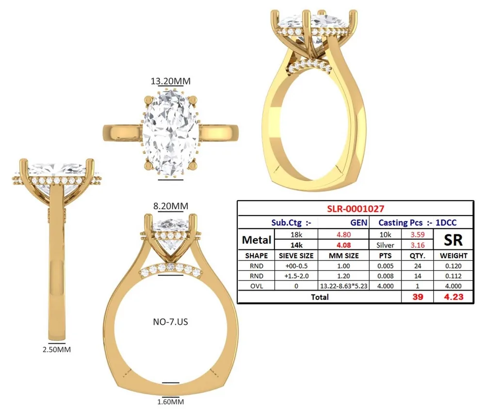 CAD-Entwurf Beispiel: Verlobungsring mit Diamant-Besatz, Ansichten und Maße