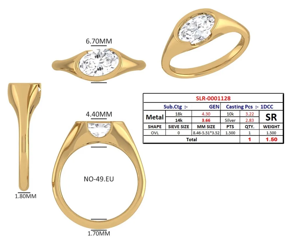 CAD-Entwurf Beispiel: Ring mit ovalem Stein, Ansichten und Maße