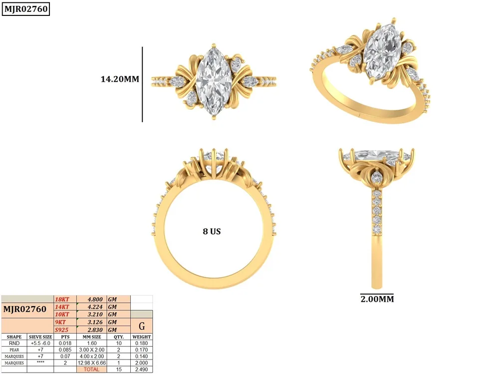 CAD-Entwurf Beispiel: Ring mit Marquise-Diamant und floralem Design