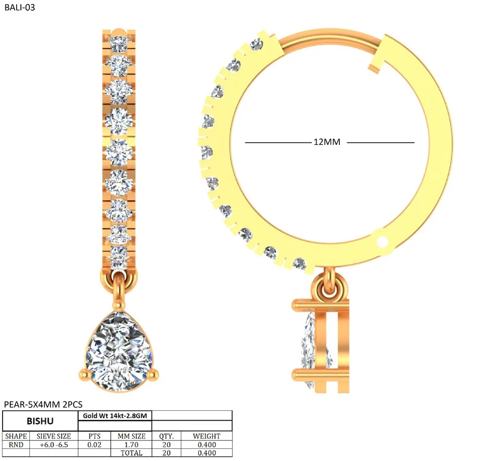 CAD-Entwurf Beispiel: Ohrring mit Diamantbesatz und Tropfen-Stein